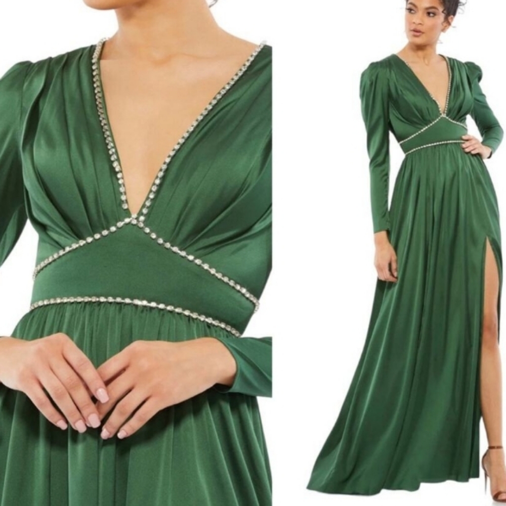 NWT Mac Duggal 55702 Emerald Green Satin Puff Shoulder Rhinestone Encrus…